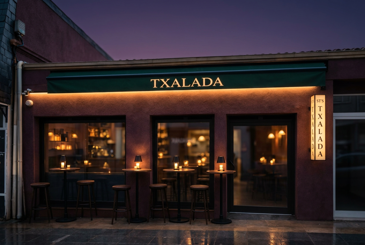 Fachada de Txalada al anochecer
